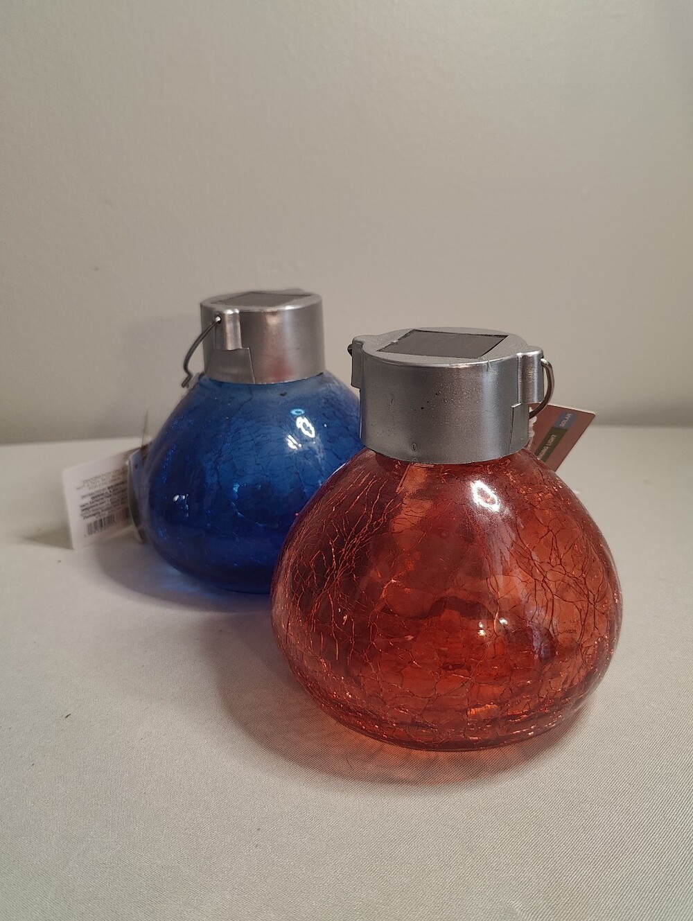 Hanging Globe Lights Set of 2 Solar Crackle Glass Lanterns Red Blue Outdoor